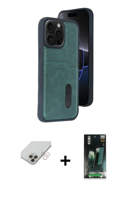 iPhone 14 Pro Max Kılıf Yörünge Işık Serisi - Siyah 360 Mat Full Body Arka Koruyucu + Gold Band