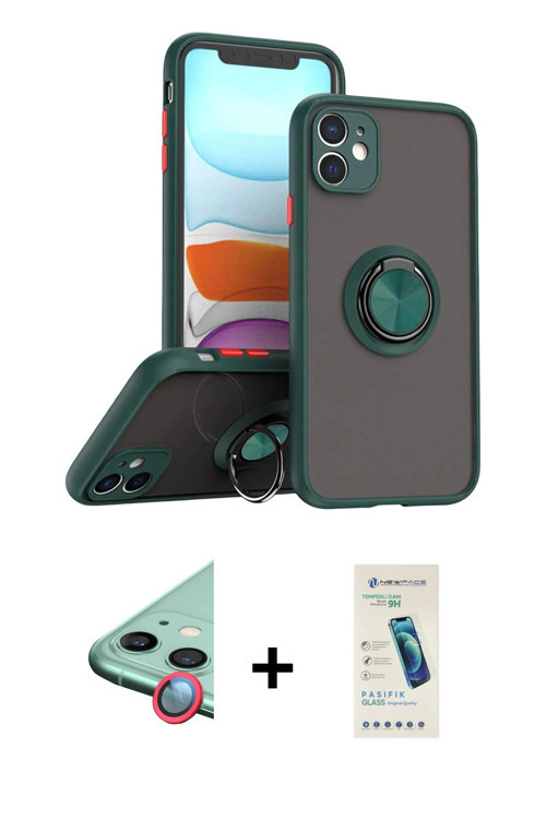 iPhone 11 Kılıf Yörünge Çizgi - Şeffaf Pasifik Cam Ekran Koruyucu + Kırmızı Raze Metal Kamera L