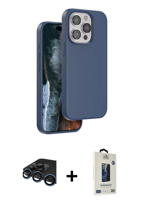 iPhone 15 Pro Kılıf Kıvılcım Çizgi Serisi - Siyah Bilvis Hayalet Cam Ekran Koruyucu + Lacivert