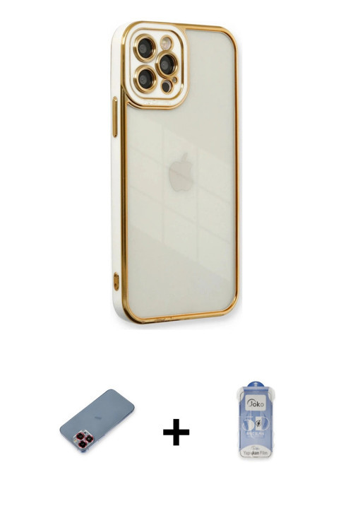 iPhone 12 Pro Max Kılıf Çekirdek Klasik Serisi - Siyah Joko Magic 5D Cam + Kırmızı Metal Kamera