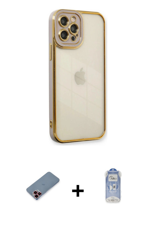 iPhone 12 Pro Max Kılıf Çekirdek Klasik Serisi - Siyah Joko Magic 5D Cam + Kırmızı Metal Kamera
