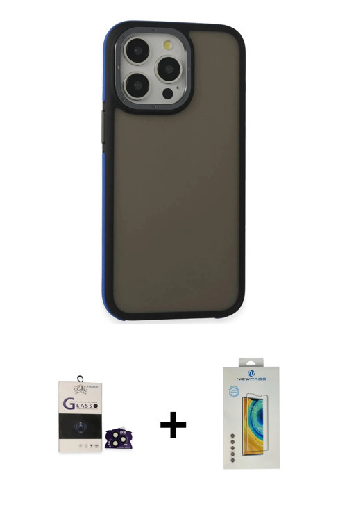 ieg™ iPhone 14 Pro Max Kılıf Eksen Işık - Siyah Polymer Nano Ekran Koruyucu + Siyah Bilvis Titan Kam