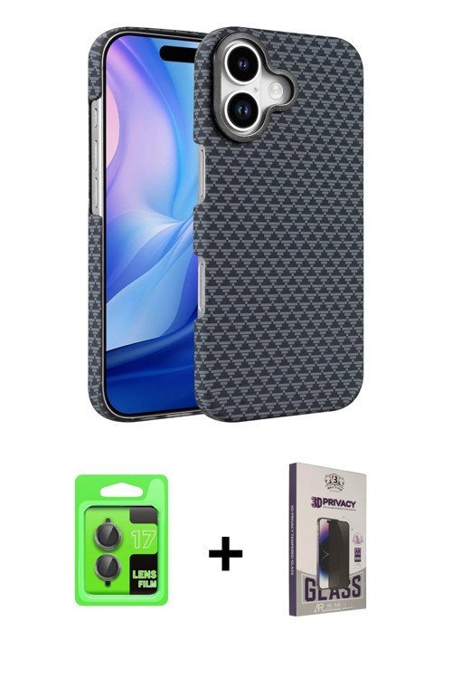 iPhone 17 Kılıf Doruk Serisi - Siyah Bilvis Hayalet Cam Ekran Koruyucu + Gri Raze Metal Kamera