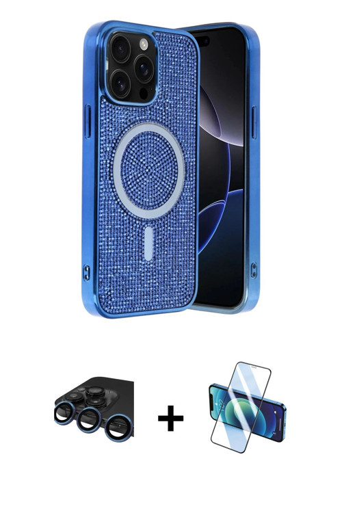 ieg™ iPhone 15 Pro Kılıf Eksen Çizgi - Siyah 3D Antistatik Cam Ekran Koruyucu + Lacivert Raze Metal