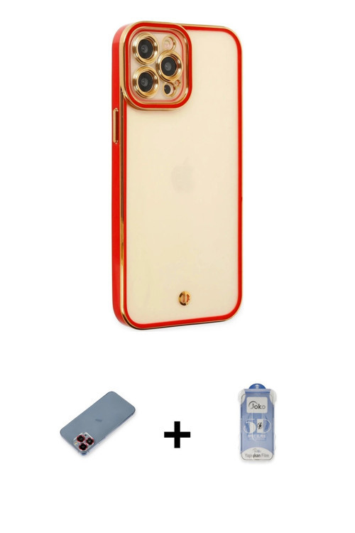 iPhone 12 Pro Max Kılıf Çekirdek Klasik Serisi - Siyah Joko Magic 5D Cam + Kırmızı Metal Kamera
