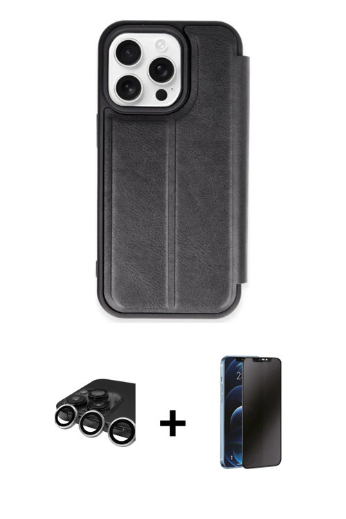iPhone 15 Pro Max Kılıf Zirve Yansıma Serisi - Siyah 3D Antistatik Hayalet Cam Ekran Koruyucu +