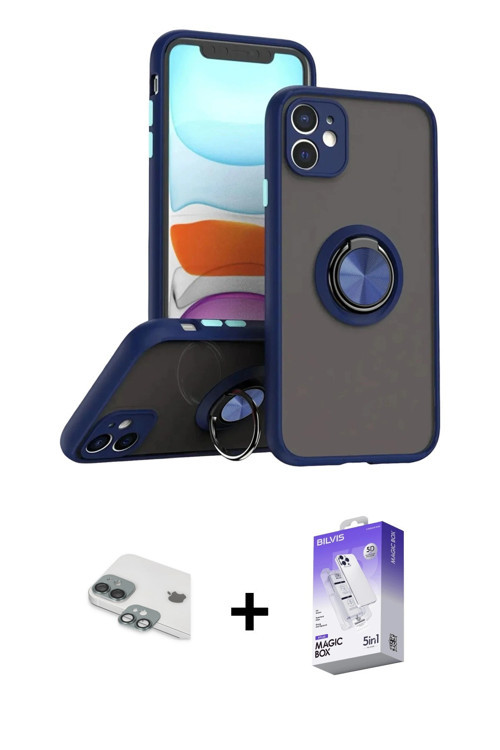 ieg™ iPhone 11 Kılıf Yörünge Çizgi - Siyah Bilvis 5in1 3D Magic Cam Ekran Koruyucu + Yeşil Pers Alüm