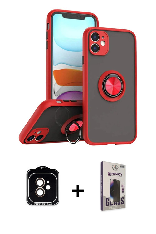 ieg™ iPhone 11 Kılıf Yörünge Çizgi - Siyah Bilvis Hayalet Cam Ekran Koruyucu + Turuncu PVD Metal Kam