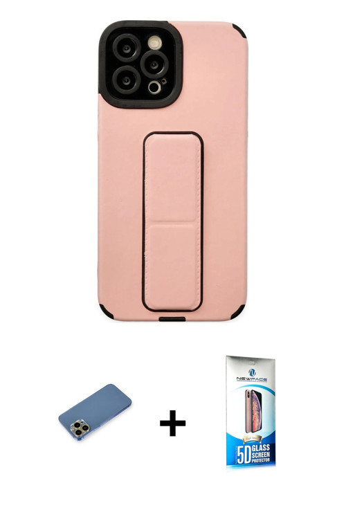 ieg™ iPhone 12 Pro Max Kılıf Çekirdek Yansıma - Siyah 5D Eko Cam Ekran Koruyucu + Gold Shine Kamera