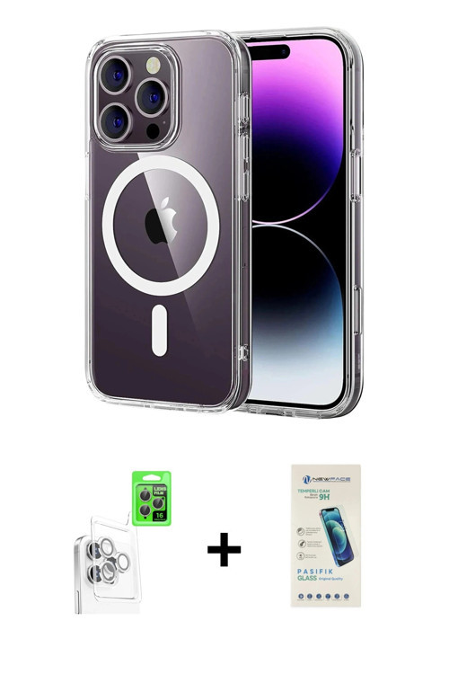 ieg™ iPhone 16 Pro Max Kılıf Ahenk Minimal Serisi - Şeffaf Pasifik Cam Ekran Koruyucu + Beyaz Raze M