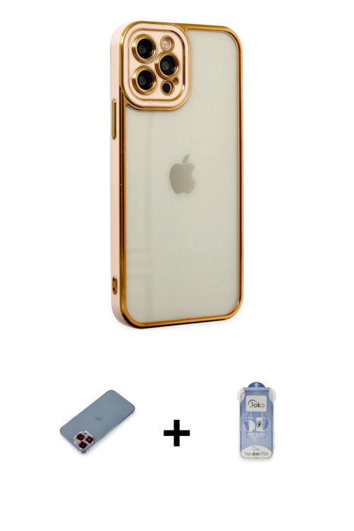 iPhone 12 Pro Max Kılıf Çekirdek Klasik Serisi - Siyah Joko Magic 5D Cam + Kırmızı Metal Kamera