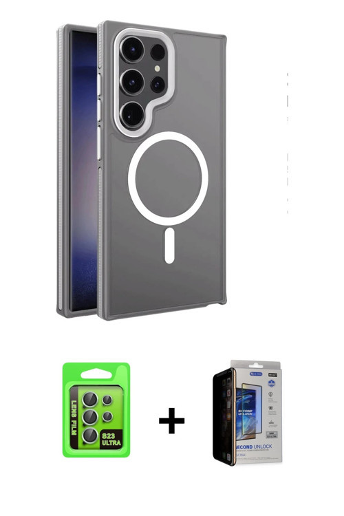 ieg™ Galaxy S23 Ultra Kılıf Yörünge Klasik - Siyah Durable Full Glue Curved Hayalet Cam + Yeşil Raze