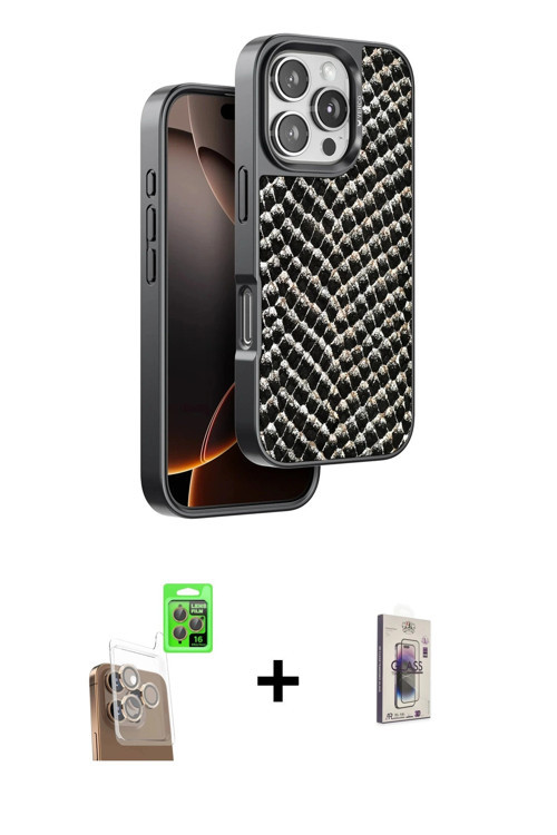 ieg™ iPhone 16 Pro Kılıf Vadi Özel Seri - Siyah Bilvis 3D Cam Ekran Koruyucu + Çöl Titanyum Raze Met