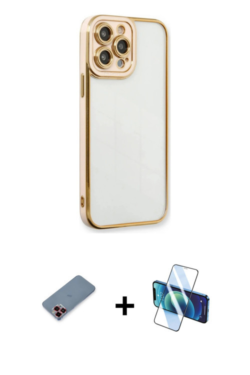 iPhone 13 Pro Max Kılıf Çekirdek Klasik Serisi - Siyah 3D Antistatik Cam Ekran Koruyucu + Kırmı