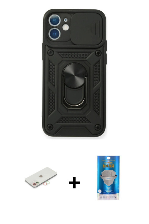 iPhone 12 Mini Kılıf Ahenk Klasik - Şeffaf Royal Nano Ekran Koruyucu + Yeşil Renkli Kamera Lens