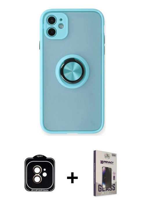 ieg™ iPhone 11 Kılıf Yörünge Çizgi - Siyah Bilvis Hayalet Cam Ekran Koruyucu + Turuncu PVD Metal Kam