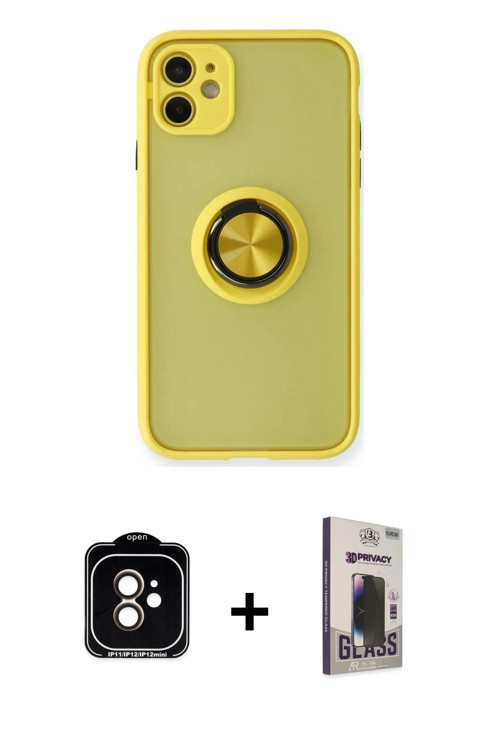 ieg™ iPhone 11 Kılıf Yörünge Çizgi - Siyah Bilvis Hayalet Cam Ekran Koruyucu + Turuncu PVD Metal Kam