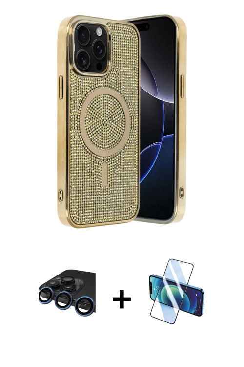 ieg™ iPhone 15 Pro Kılıf Eksen Çizgi - Siyah 3D Antistatik Cam Ekran Koruyucu + Lacivert Raze Metal