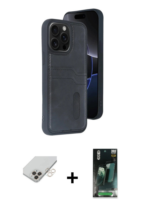 iPhone 14 Pro Max Kılıf Yörünge Işık Serisi - Siyah 360 Mat Full Body Arka Koruyucu + Gold Band