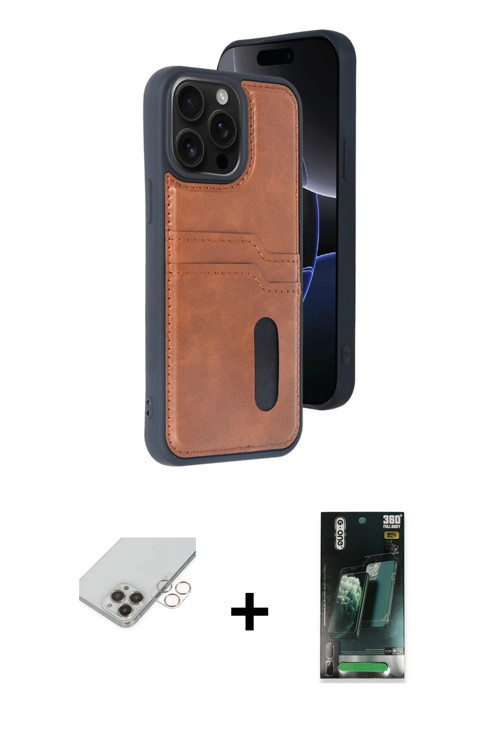 iPhone 14 Pro Max Kılıf Yörünge Işık Serisi - Siyah 360 Mat Full Body Arka Koruyucu + Gold Band