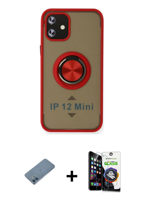 ieg™ iPhone 12 Mini Kılıf Yörünge Çizgi - Şeffaf Temperli Cam Ekran Koruyucu + Mavi Shine Kamera Len