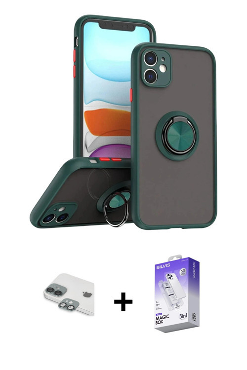 ieg™ iPhone 11 Kılıf Yörünge Çizgi - Siyah Bilvis 5in1 3D Magic Cam Ekran Koruyucu + Yeşil Pers Alüm