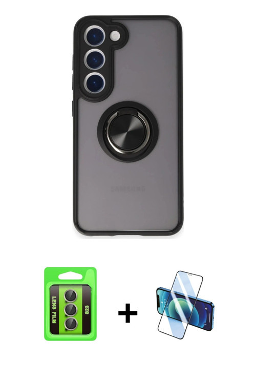 ieg™ Galaxy S23 Kılıf Yörünge Çizgi - Siyah 3D Antistatik Cam Ekran Koruyucu + Gri Raze Metal Kamera