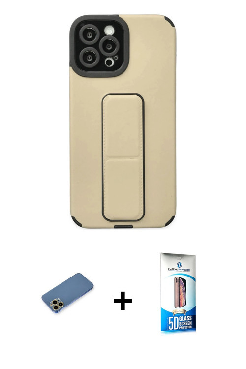ieg™ iPhone 12 Pro Max Kılıf Çekirdek Yansıma - Siyah 5D Eko Cam Ekran Koruyucu + Gold Shine Kamera