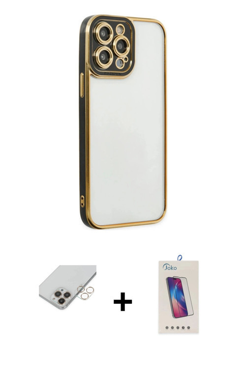 ieg™ iPhone 14 Pro Max Kılıf Çekirdek Klasik Serisi - Siyah Joko 5D Cam + Gold Band Metal Kamera Len