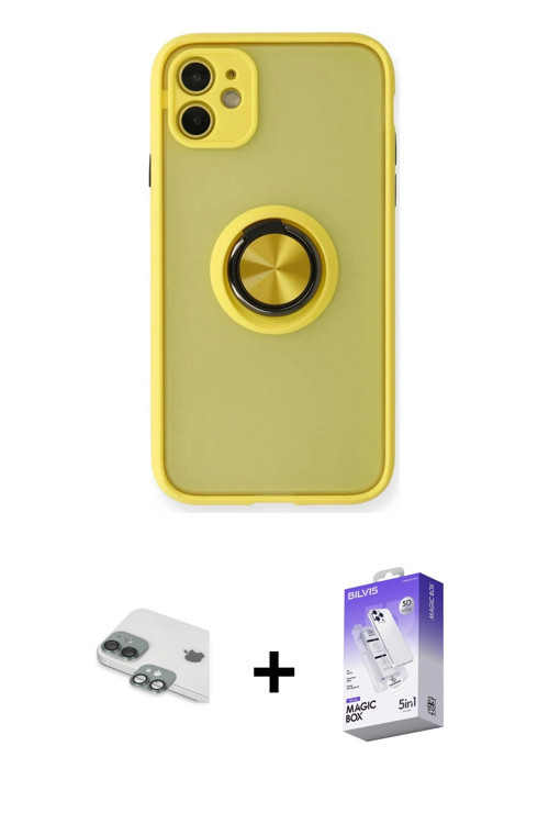 ieg™ iPhone 11 Kılıf Yörünge Çizgi - Siyah Bilvis 5in1 3D Magic Cam Ekran Koruyucu + Yeşil Pers Alüm