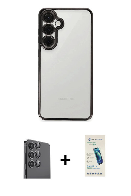 ieg™ Galaxy S24 FE Kılıf Vadi Minimal - Şeffaf Pasifik Cam Ekran Koruyucu + Siyah Raze Metal Kamera
