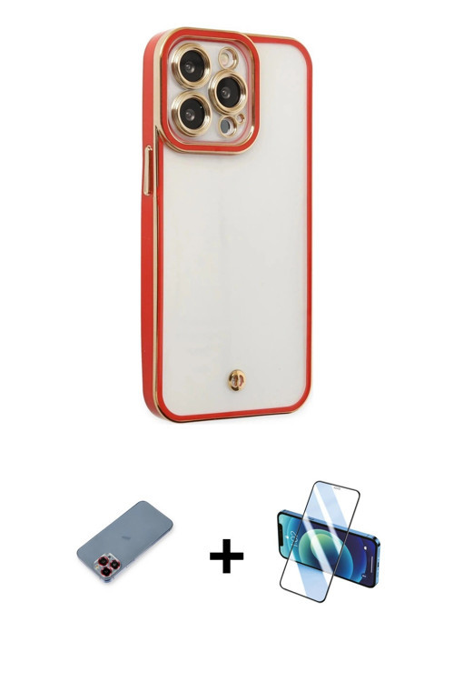 iPhone 13 Pro Max Kılıf Çekirdek Klasik Serisi - Siyah 3D Antistatik Cam Ekran Koruyucu + Kırmı