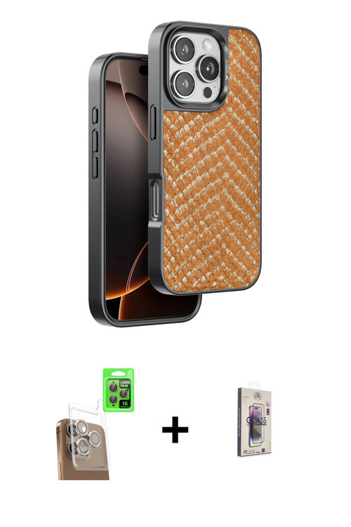 ieg™ iPhone 16 Pro Kılıf Vadi Özel Seri - Siyah Bilvis 3D Cam Ekran Koruyucu + Çöl Titanyum Raze Met