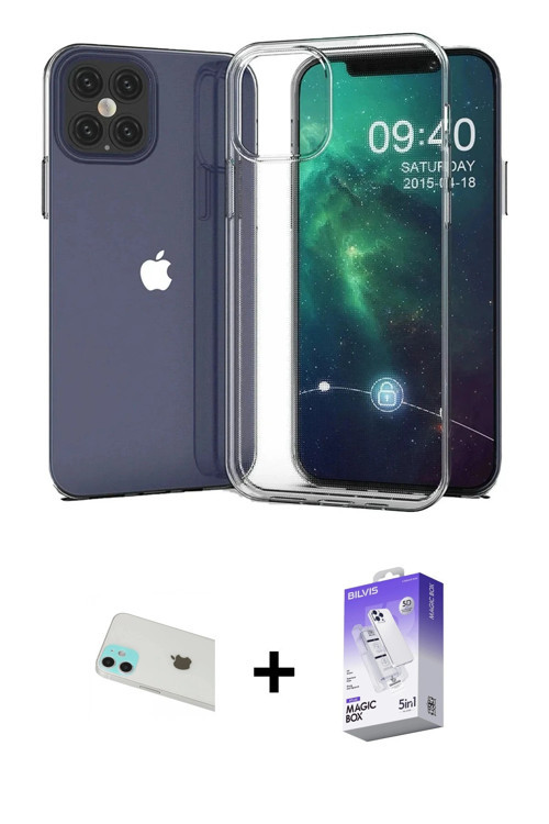 ieg™ iPhone 12 Kılıf Zirve Doku - Siyah Bilvis 5in1 3D Magic Cam Ekran Koruyucu + Yeşil Rainbow Kame