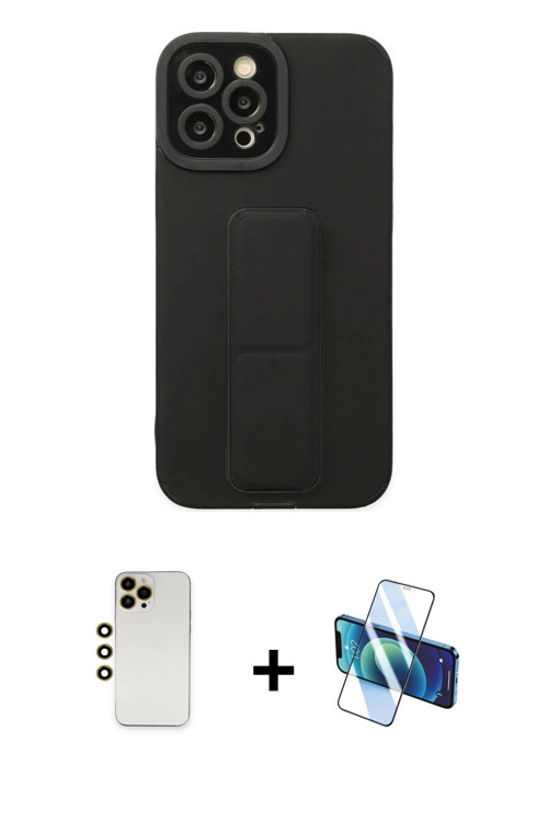 ieg™ iPhone 12 Pro Max Kılıf Çekirdek Yansıma - Siyah 3D Antistatik Cam Ekran Koruyucu + Gold Shine