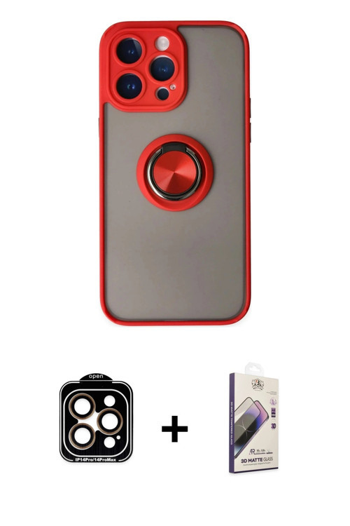ieg™ iPhone 14 Pro Max Kılıf Yörünge Çizgi - Siyah Bilvis 3D Mat Cam Ekran Koruyucu + Turuncu PVD Me