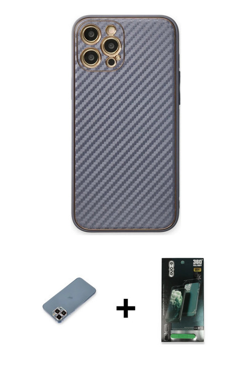 ieg™ iPhone 12 Pro Kılıf Ahenk Işık - Şeffaf 360 Full Body Arka Koruyucu + Mor Metal Kamera Lens Kor