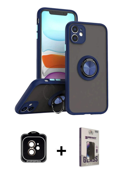 ieg™ iPhone 11 Kılıf Yörünge Çizgi - Siyah Bilvis Hayalet Cam Ekran Koruyucu + Turuncu PVD Metal Kam