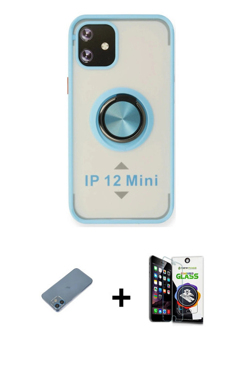 ieg™ iPhone 12 Mini Kılıf Yörünge Çizgi - Şeffaf Temperli Cam Ekran Koruyucu + Mavi Shine Kamera Len