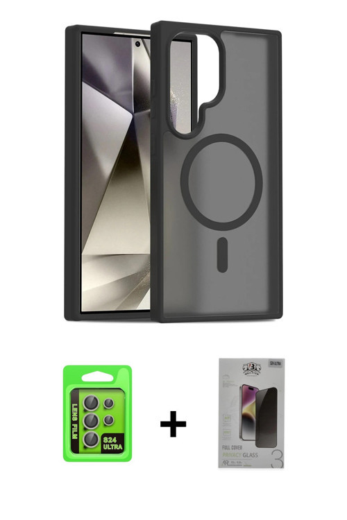 ieg™ Galaxy S24 Ultra Kılıf Siluet Minimal Prime - Siyah Bilvis Hayalet Cam Ekran Koruyucu + Gri Raz