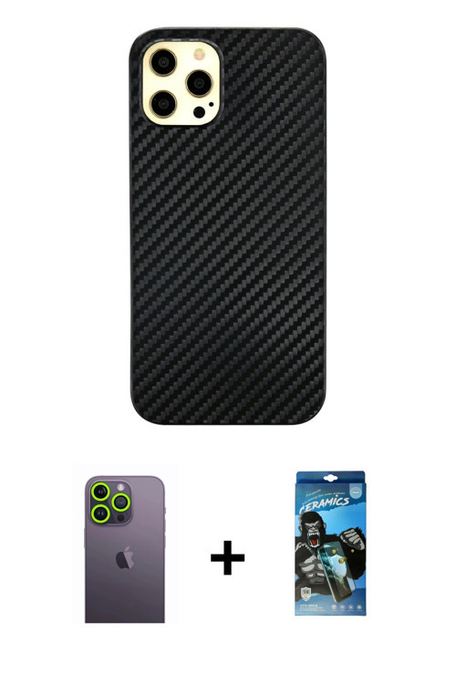 ieg™ iPhone 12 Pro Max Kılıf Nova Çizgi - Siyah 34D Izgaralı Cam + Yeşil Neon Fosforlu Kamera Lens