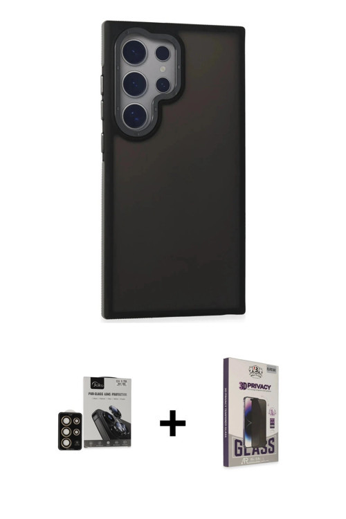 ieg™ Galaxy S24 Ultra Kılıf Eksen Işık - Siyah Bilvis Hayalet Cam Ekran Koruyucu + Gold PVD Metal Ka