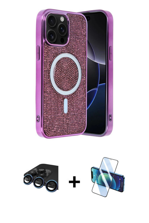 ieg™ iPhone 15 Pro Kılıf Eksen Çizgi - Siyah 3D Antistatik Cam Ekran Koruyucu + Lacivert Raze Metal