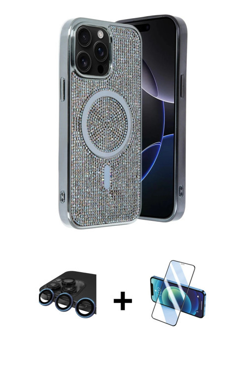 ieg™ iPhone 15 Pro Kılıf Eksen Çizgi - Siyah 3D Antistatik Cam Ekran Koruyucu + Lacivert Raze Metal