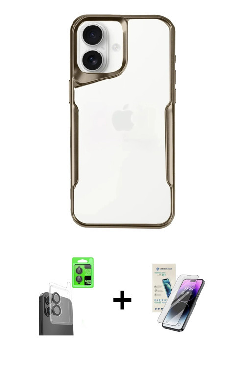 ieg™ iPhone 16 Kılıf Akış Çizgi Koleksiyonu - Şeffaf Pasifik Cam Ekran Koruyucu + Siyah Raze Metal K