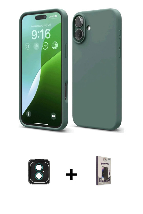 ieg™ iPhone 16 Kılıf Ahenk Serisi - Siyah Bilvis Hayalet Cam Ekran Koruyucu + Yeşil PVD Metal Kamera