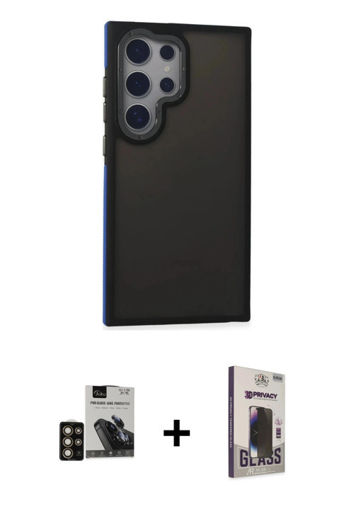 ieg™ Galaxy S24 Ultra Kılıf Eksen Işık - Siyah Bilvis Hayalet Cam Ekran Koruyucu + Gold PVD Metal Ka