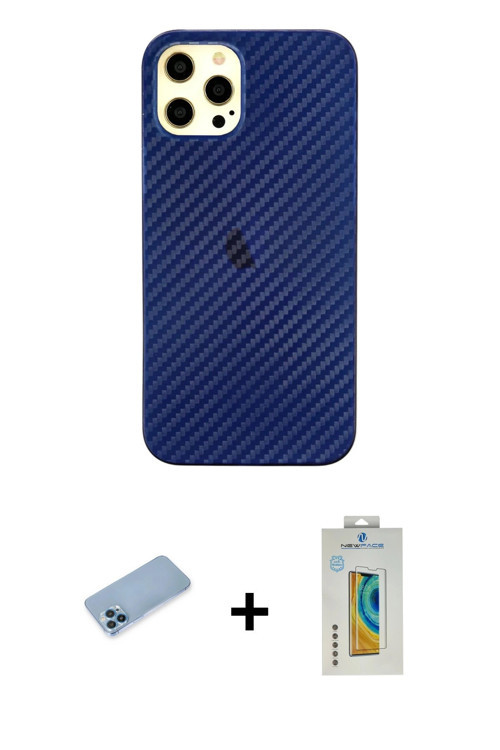 ieg™ iPhone 12 Pro Max Kılıf Nova Çizgi - Siyah Polymer Nano Ekran Koruyucu + Mavi Shine Kamera Lens