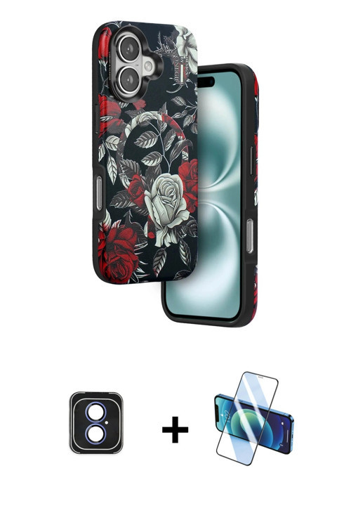 ieg™ iPhone 16 Kılıf Siluet Doku - Siyah 3D Antistatik Seramik Nano Ekran Koruyucu + Mavi PVD Metal