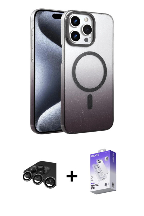 iPhone 15 Pro Max Kılıf Ahenk Doku Özel Seri - Siyah Bilvis 5in1 3D Magic Cam Ekran Koruyucu +